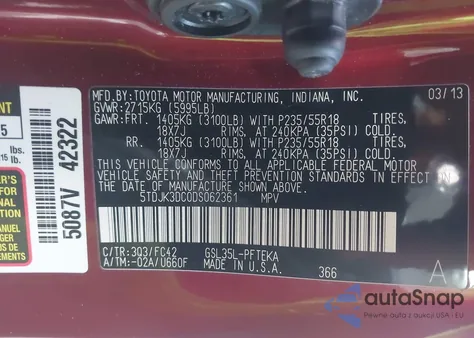 2013 Toyota Sienna Le 7 Passenger z USA, uszkodzony, nr VIN 5TDJK3DC0DS062361